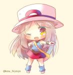  1girl ;d bag bare_shoulders beige_background blue_(pokemon) blue_legwear blue_shirt blush brown_eyes brown_hair chibi creatures_(company) full_body game_freak hand_on_hip hat holding holding_poke_ball kouu_hiyoyo long_hair looking_at_viewer loose_socks nintendo one_eye_closed open_mouth pleated_skirt poke_ball poke_ball_(generic) pokemon pokemon_(game) pokemon_frlg red_skirt shirt shoulder_bag skirt sleeveless sleeveless_shirt smile solo standing twitter_username very_long_hair white_hat wristband 