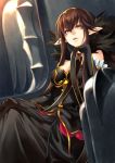  1girl black_dress black_hair breasts bridal_gauntlets brown_hair chair cleavage detached_sleeves dress fate/apocrypha fate/grand_order fate_(series) fur_trim hair_between_eyes hand_on_own_chin large_breasts long_dress long_hair pointy_ears semiramis_(fate) shimozuki_shio sitting throne very_long_hair yellow_eyes 