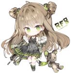  1girl ahoge bad_id bad_pixiv_id black_choker black_dress blush boots bow breasts brown_hair bullpup camouflage_jacket character_name chibi choker commentary_request double_bun dress full_body fur-trimmed_jacket fur_trim girls_frontline green_bow green_eyes green_footwear green_jacket green_legwear gun hair_bow head_tilt jacket kel-tec_rfb kotatu_(akaki01aoki00) long_hair long_sleeves looking_at_viewer object_namesake off_shoulder parted_lips puffy_long_sleeves puffy_sleeves rfb_(girls_frontline) rifle side_bun simple_background sleeveless sleeveless_dress small_breasts smile socks solo standing striped striped_legwear stuffed_animal stuffed_toy teddy_bear vertical-striped_legwear vertical_stripes very_long_hair weapon white_background 