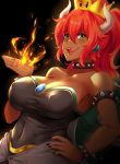  1girl bare_shoulders black_collar black_dress black_nails blue_earrings blush bowsette bracelet breasts collar collarbone covered_nipples crown dark_skin dress fire gem green_eyes hair_between_eyes hand_on_hip highres horns jewelry large_breasts lips long_hair looking_at_viewer lulu-chan92 super_mario_bros. nail_polish new_super_mario_bros._u_deluxe nintendo open_mouth ponytail redhead sharp_teeth smile spiked_armlet spiked_bracelet spiked_collar spiked_shell spikes strapless strapless_dress super_crown taut_clothes taut_dress teeth turtle_shell 