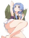  1girl arm_behind_head armpits barefoot blue_hair blush green_pillow hairband ixy kannagi legs long_hair looking_at_viewer nagi pillow simple_background skirt solo thighs violet_eyes white_background white_hairband white_skirt 