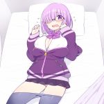  1girl bangs blush bow breasts chan_co collared_shirt cosplay fate/grand_order fate_(series) glasses hair_over_one_eye jacket lavender_hair long_sleeves look-alike looking_at_viewer mash_kyrielight open_mouth pantyhose purple_jacket shinjou_akane shinjou_akane_(cosplay) shirt short_hair sleeves_past_wrists solo ssss.gridman violet_eyes white_shirt 