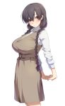  1girl arms_behind_back bangs belt black_hair blush braid breasts dress hair_between_eyes large_breasts long_hair long_sleeves looking_at_viewer mdf_an original pinafore_dress red_eyes simple_background solo sweater twin_braids very_long_hair white_background white_sweater 