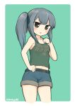  1girl alternate_costume artist_name clothes_writing denim denim_shorts grey_hair highres kantai_collection kasumi_(kantai_collection) long_hair navel shorts simoyuki solo tank_top 