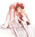  2girls bare_shoulders byuura_(sonofelice) closed_eyes fate/grand_order fate_(series) fur_coat hat large_hat long_hair marie_antoinette_(fate/grand_order) medb_(fate)_(all) medb_(fate/grand_order) multiple_girls one_eye_closed pantyhose pink_hair red_hat side-by-side silver_hair sitting sleeping sleeveless smile thigh-highs tiara twintails very_long_hair white_background white_legwear yellow_eyes yuri 