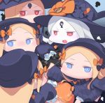 1boy 6+girls :d abigail_williams_(fate/grand_order) bangs black_bow black_dress black_hair black_hat blonde_hair bloomers blue_eyes blush bow bug butterfly chibi commentary_request dress eyebrows_visible_through_hair facing_away fate/grand_order fate_(series) forehead fujimaru_ritsuka_(female) fujimaru_ritsuka_(male) hair_bow hat highres insect keyhole long_hair long_sleeves multiple_girls multiple_persona open_mouth orange_bow parted_bangs polka_dot polka_dot_bow red_eyes silver_hair sleeves_past_fingers sleeves_past_wrists smile underwear usuaji v-shaped_eyebrows very_long_hair white_bloomers white_skin witch_hat 