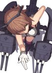  1girl absurdres anchor bare_shoulders blown_kiss breasts brown_hair chains flipped_hair from_above gloves green_eyes headgear highres kantai_collection karasuma_kuraha large_breasts mutsu_(kantai_collection) red_legwear rigging shadow short_hair simple_background smokestack solo turret white_background white_gloves 