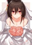  1girl bangs bare_shoulders blush bouquet breasts brown_background brown_hair cleavage closed_mouth collarbone commentary_request detached_sleeves dress eyebrows_visible_through_hair flower grey_background hair_between_eyes hair_ornament highres holding holding_bouquet kantai_collection kinona large_breasts leaning_forward long_sleeves looking_at_viewer petals red_eyes red_flower red_rose rose sidelocks smile solo strapless strapless_dress two-tone_background veil wedding_dress white_background yamashiro_(kantai_collection) 