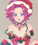  1girl alternate_costume bell bell_choker blue_eyes breasts choker cleavage code_geass flipped_hair frown hat highres kallen_stadtfeld large_breasts open_mouth pink_hair santa_costume santa_hat short_hair sleeveless solo spaghetti_strap strap_slip sumi_otto 