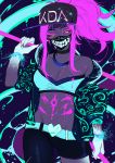  1girl akali bare_shoulders baseball_cap belt breasts cleavage half-closed_eyes hat holding jacket k/da_(league_of_legends) k/da_akali league_of_legends long_hair looking_at_viewer marchab_66 mask midriff navel neon_lights off_shoulder ponytail solo yellow_eyes 