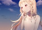  1girl azit_(down) bangs blonde_hair blue_sky blush braid clouds cloudy_sky commentary_request day dress flower hair_flower hair_ornament hair_ribbon hand_up highres holding holding_hair long_hair long_sleeves looking_away looking_to_the_side maquia_(sayoasa) outdoors red_eyes ribbon sayonara_no_asa_ni_yakusoku_no_hana_wo_kazarou side_braid signature sky sleeves_past_wrists solo twin_braids upper_body very_long_hair white_dress white_flower white_ribbon 