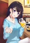  1girl :d alcohol beer beer_mug black_hair blue_eyes blue_sweater blush breasts collarbone commentary_request cup fingernails food head_tilt highres holding holding_cup indoors long_hair long_sleeves medium_breasts omelet_tomato open_mouth original pants round_teeth sitting sleeves_past_wrists smile solo sweater table teeth transparent upper_teeth white_pants 