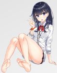  1girl barefoot black_hair blue_eyes bow bowtie commentary_request eyebrows_visible_through_hair feet grey_background legs long_hair looking_at_viewer noboru_(kamine204136) open_mouth red_neckwear shirt short_hair simple_background sitting soles solo ssss.gridman takarada_rikka toes white_cardigan white_shirt 