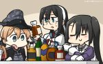  3girls alcohol black_hair blonde_hair blue_eyes blue_sailor_collar blue_shirt blush bottle check_commentary closed_eyes commentary_request dated glasses gloves hair_between_eyes hamu_koutarou hat highres holding holding_bottle jacket juliet_sleeves kantai_collection long_hair long_sleeves low_twintails military military_hat military_uniform multiple_girls nachi_(kantai_collection) necktie ooyodo_(kantai_collection) open_mouth partial_commentary peaked_cap prinz_eugen_(kantai_collection) puffy_sleeves purple_jacket red_neckwear sailor_collar school_uniform serafuku shirt side_ponytail smile twintails uniform white_gloves 
