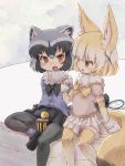  2girls animal_ears blonde_hair bow bowtie commentary_request common_raccoon_(kemono_friends) elbow_gloves eyebrows_visible_through_hair fang fennec_(kemono_friends) fox_ears fox_tail fur_collar fur_trim gloves grey_hair highres kemono_friends kolshica multicolored_hair multiple_girls open_mouth pantyhose pleated_skirt puffy_short_sleeves puffy_sleeves raccoon_ears raccoon_tail short_hair short_sleeves sitting skirt tail thigh-highs white_hair zettai_ryouiki 