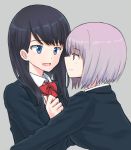  2girls black_hair blazer blue_eyes face-to-face gradient_hair grey_background jacket long_hair looking_at_another multicolored_hair multiple_girls mutsu_(layergreen) neck_ribbon open_mouth purple_hair red_eyes ribbon school_uniform shinjou_akane short_hair smile ssss.gridman takarada_rikka upper_body yuri 