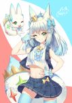  1girl ;d animal_ear_fluff animal_ears arm_up bangs blue_bow blue_gloves blue_hair blue_legwear blue_nails blue_skirt blue_vest blush bow breasts character_request collarbone commentary_request creature crown dated eyebrows_visible_through_hair final_fantasy fingerless_gloves fingernails fox_ears fox_girl fox_tail frills gloves green_eyes grin hair_between_eyes hair_bow hand_on_hip highres looking_at_viewer medium_breasts midriff nail_polish navel neps-l one_eye_closed open_clothes open_mouth open_vest pleated_skirt shirt signature skindentation skirt sleeveless sleeveless_shirt smile tail tama_(world_of_final_fantasy) thigh-highs v-shaped_eyebrows v_over_eye vest white_shirt world_of_final_fantasy yellow_bow 