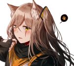  1girl :d animal_ears bangs black_gloves blush brown_hair cat_ears eyebrows_visible_through_hair face fingerless_gloves girls_frontline gloves hair_between_eyes hair_ornament looking_at_viewer one_side_up open_mouth paw_print scar silence_girl smile solo ump45_(girls_frontline) yellow_eyes 
