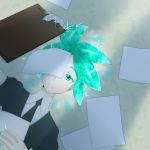  1other androgynous aqua_eyes aqua_hair clipboard colored_eyelashes crystal_hair gem_uniform_(houseki_no_kuni) green_eyes green_hair highres houseki_no_kuni lying necktie on_back paper phosphophyllite short_hair solo sparkle upper_body 