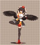  1girl armpits arms_behind_head bare_shoulders belt black_hair black_legwear black_skirt black_wings brown_background checkered checkered_background collared_shirt commentary feathered_wings frilled_skirt frills geta hat lowres one_eye_closed pixel_art pom_pom_(clothes) red_footwear shameimaru_aya shirt skirt sleeveless solo standing standing_on_one_leg takorin tengu-geta thigh-highs tokin_hat touhou white_shirt wings zettai_ryouiki 