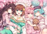  4girls :d animal_ears animal_hat aoki_kaede bangs bare_shoulders bed_sheet blue_hair blush braid breasts brown_hair cat_ears cat_hat cleavage collarbone commentary_request dress eyebrows_visible_through_hair frills fur_trim green_eyes green_shorts hair_between_eyes hair_bobbles hair_ornament hair_ribbon hairclip hat hug jacket large_breasts lilia_chocolanne long_sleeves looking_at_viewer low_twintails lying mask mask_on_head multiple_girls object_hug on_back on_side open_clothes open_jacket open_mouth original pillow pink_dress pink_hair pink_jacket pink_ribbon polka_dot polka_dot_dress purple_dress red_eyes ribbon short_shorts short_twintails shorts sleep_mask sleeves_past_wrists smile star striped_jacket stuffed_animal stuffed_dog stuffed_toy suzune_rena twintails violet_eyes white_hat 