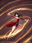 1girl adsouto anklet artist_name bare_shoulders black_hair breasts choker cinder_fall dress dual_wielding glowing glowing_eye hair_over_one_eye high_heels highres holding jewelry long_hair looking_at_viewer medium_breasts motion_lines official_art red_dress rwby solo sword tattoo watermark weapon yellow_eyes 