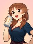  1girl beer_can blush breasts brown_background brown_eyes brown_hair can cleavage collarbone earrings eyebrows_visible_through_hair hand_on_hip idolmaster idolmaster_cinderella_girls jewelry kamille_(vcx68) katagiri_sanae large_breasts looking_at_viewer low_twintails medium_hair open_mouth short_sleeves short_twintails smile solo teeth twintails upper_body 