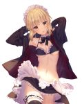  1girl apron armpits arms_behind_head arms_up artist_name artoria_pendragon_(all) artoria_pendragon_(swimsuit_rider_alter) black_bow black_jacket black_legwear black_ribbon black_skirt blonde_hair bow bowtie breasts choker cleavage collarbone cowboy_shot fate/grand_order fate_(series) frilled_apron frilled_skirt frills garters head_tilt jacket looking_at_viewer maid_headdress medium_breasts miniskirt navel open_clothes open_jacket ribbon rosuuri short_hair simple_background skirt solo standing thigh-highs under_boob waist_apron white_apron white_background yellow_eyes 