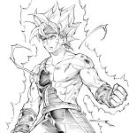  1boy armor aura bandanna bardock broken_armor clenched_hand dirty dirty_face dragon_ball electricity expressionless fingernails looking_away male_focus monochrome muscle nipples rheepic scar short_hair simple_background spiky_hair standing stomach super_saiyan upper_body white_background wristband 