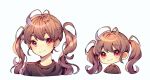  1girl antenna_hair black_shirt blush brown_hair chibi closed_mouth comparison eyebrows_visible_through_hair ha_youn looking_at_viewer original red_eyes shirt simple_background smile twintails upper_body white_background 