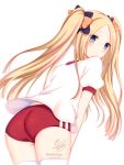  1girl abigail_williams_(fate/grand_order) ass bangs black_bow blonde_hair blue_eyes blush bow buruma closed_mouth commentary_request cowboy_shot eyebrows_visible_through_hair fate/grand_order fate_(series) forehead gym_shirt gym_uniform hair_bow leaning_forward long_hair looking_away looking_to_the_side nellrepca_(nellichiyo) orange_bow parted_bangs polka_dot polka_dot_bow puffy_short_sleeves puffy_sleeves red_buruma shirt short_sleeves sidelocks signature simple_background solo standing thigh-highs twintails twitter_username very_long_hair white_background white_legwear white_shirt 