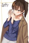  1girl alternate_costume artist_name blue_sweater brown_coat brown_eyes brown_hair clothes_on_shoulders coat cowboy_shot dated jewelry kaga_(kantai_collection) kantai_collection pallad ribber_sweater ring short_hair side_ponytail solo sweater wedding_band 