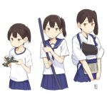  3girls age_progression aircraft aircraft_request airplane apron blue_hakama blue_sailor_collar blue_skirt broom brown_eyes commentary_request hakama hakama_skirt japanese_clothes kaga_(kantai_collection) kantai_collection kawashina_(momen_silicon) long_hair looking_at_viewer multiple_girls multiple_persona muneate pleated_skirt sailor_collar school_uniform serafuku shirt side_ponytail simple_background skirt tasuki white_background white_shirt younger 