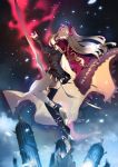  1girl asymmetrical_legwear bangs black_legwear blonde_hair breasts buckle cape detached_collar earrings ereshkigal_(fate/grand_order) eyebrows_visible_through_hair fate/grand_order fate_(series) floating from_side fur-trimmed_cape fur_trim gold gold_trim hair_ribbon high_heels highres holding holding_weapon jewelry light light_particles long_hair looking_up multicolored multicolored_cape multicolored_clothes nail_polish necklace no-kan open_mouth outdoors parted_bangs purple_nails red_cape red_eyes red_ribbon ribbon single_thighhigh skull solo thigh-highs tiara twintails two_side_up weapon wind 