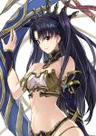  1girl arm_up asymmetrical_sleeves bangs bare_shoulders black_hair black_ribbon black_sleeves blush breasts commentary_request crop_top eyebrows_visible_through_hair fate/grand_order fate_(series) fingernails hair_between_eyes hair_ribbon highleg ishtar_(fate/grand_order) long_hair looking_at_viewer navel parted_bangs parted_lips red_eyes ribbon single_sleeve small_breasts smile solo tiara two_side_up very_long_hair yahako 