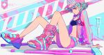  1girl akiakane ass belt blue_hair breasts cleavage ear_piercing jacket midriff navel original parted_lips piercing sandals shoes short_hair shorts sitting sneakers violet_eyes 