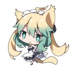  1girl :&lt; ahoge alternate_costume animal_ears apron atalanta_(fate) bangs bare_shoulders black_dress black_footwear blonde_hair cat_ears cat_girl cat_tail chibi closed_mouth commentary_request dress enmaided eyebrows_visible_through_hair fate/apocrypha fate_(series) frilled_apron frilled_dress frills gradient_hair green_eyes green_hair hair_between_eyes head_tilt looking_at_viewer looking_to_the_side maid maid_headdress milkpanda multicolored_hair simple_background sleeveless sleeveless_dress solo standing tail waist_apron white_apron white_background wrist_cuffs 