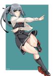  absurdres aqua_background artist_name belt black_legwear black_ribbon breasts buttons dress eyebrows_visible_through_hair full_body grey_hair haho hair_ribbon high_heels highres kantai_collection kasumi_(kantai_collection) kneehighs long_hair long_sleeves looking_at_viewer neck_ribbon red_ribbon remodel_(kantai_collection) ribbon school_uniform shaded_face shirt side_ponytail silver_hair sleeveless sleeveless_dress small_breasts standing two-tone_background white_background white_shirt yellow_eyes 