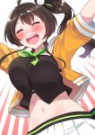  1girl ahoge alternate_breast_size arms_at_sides breasts brown_hair closed_eyes commentary_request hair_ribbon hololive midriff natsuiro_matsuri navel open_mouth ribbon side_ponytail simple_background solo tonari_no_kai_keruberosu white_background 
