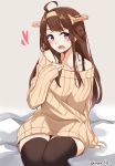  1girl :d ahoge bangs blush brown_hair brown_legwear brown_sweater commentary_request eyebrows_visible_through_hair hair_bun hand_up head_tilt headgear heart highres kantai_collection kapatarou kongou_(kantai_collection) long_hair long_sleeves looking_at_viewer open_mouth ribbed_sweater side_bun sitting sleeves_past_wrists smile solo sweater thigh-highs twitter_username very_long_hair violet_eyes 