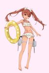  1girl :d absurdres armpits bare_shoulders barefoot bikini brown_eyes brown_hair frilled_bikini frills full_body hair_ribbon highres kantai_collection libeccio_(kantai_collection) long_hair looking_at_viewer midriff navel neve open_mouth pink_background ribbon simple_background smile solo swimsuit twintails 