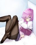  1girl black_legwear breast_pocket breasts carmine_(ucdio) collared_shirt cosplay eyebrows_visible_through_hair eyes_visible_through_hair fate/grand_order fate_(series) glasses hair_over_one_eye highres jacket large_breasts looking_at_viewer mash_kyrielight on_bed pantyhose pleated_skirt pocket purple_hair purple_jacket purple_skirt shinjou_akane shinjou_akane_(cosplay) shirt short_hair skirt solo ssss.gridman violet_eyes white_shirt 
