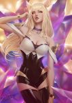  1girl ahri animal_ears artist_name bare_shoulders black_legwear blonde_hair bracelet breasts choker cleavage fox_ears fox_tail heart heart_choker highres idol jewelry k/da_(league_of_legends) k/da_ahri large_breasts league_of_legends leotard long_hair looking_at_viewer multiple_tails off_shoulder parted_lips raikoart revision signature single_earring solo tail thigh-highs whisker_markings yellow_eyes 