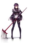  1girl absurdres alternate_costume apron blush bodysuit breasts commentary_request cosplay enmaided fate/grand_order fate_(series) frills gae_bolg garter_straps garters hiememiko high_heels highres large_breasts lips long_hair maid maid_apron maid_headdress mop scathach_(fate)_(all) scathach_(fate/grand_order) scathach_(fate/grand_order)_(cosplay) shadow solo thigh-highs violet_eyes white_background 