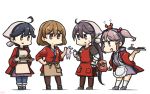  4girls :d ahoge akebono_(kantai_collection) alternate_costume animal black_hair brown_eyes brown_legwear chopsticks crab gloves hair_between_eyes hair_bobbles hair_ornament hairclip hamu_koutarou happi highres holding holding_chopsticks holding_tray japanese_clothes kantai_collection kneehighs light_brown_hair long_hair long_sleeves multiple_girls oboro_(kantai_collection) open_mouth pantyhose pink_eyes pink_hair purple_hair rabbit sazanami_(kantai_collection) short_hair short_sleeves side_ponytail simple_background smile standing tray twintails ushio_(kantai_collection) violet_eyes white_background white_gloves white_legwear 