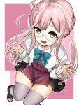 1girl ahoge aqua-framed_eyewear boots bow bowtie cross-laced_footwear double_bun from_above full_body glasses grey_blazer grey_legwear hair_bun halterneck kantai_collection lace-up_boots long_sleeves makigumo_(kantai_collection) open_mouth pink_hair remodel_(kantai_collection) sitting sleeves_past_wrists smile solo thigh-highs twintails yellow_eyes youmou_usagi 