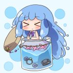  &gt;_&lt; 1girl :&gt; bangs bare_arms bare_shoulders blue_background blue_eyes blue_hair blush bow closed_eyes closed_mouth collared_dress dress eyebrows_visible_through_hair facing_viewer flower hana_kazari in_container jar jewelry long_hair looking_at_viewer merc_(merc_storia) merc_storia pink_flower purple_bow ring sleeveless sleeveless_dress solo very_long_hair water white_dress 