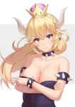  1girl absurdres armlet bare_shoulders blonde_hair blue_earrings blue_eyes blush bowsette bracelet breasts cleavage closed_mouth collar collarbone crown earrings eyebrows_visible_through_hair fang highres horns ijuun jewelry large_breasts long_hair looking_at_viewer super_mario_bros. new_super_mario_bros._u_deluxe nintendo pointy_ears ponytail solo spiked_armlet spiked_bracelet spiked_collar spikes super_crown 