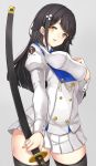  1girl asya azur_lane bangs black_hair black_legwear blush bow breasts brown_eyes buttons choukai_(azur_lane) clothes_writing cowboy_shot double-breasted eyebrows_visible_through_hair grey_background hair_between_eyes hair_ornament hand_on_own_chest holding holding_sword holding_weapon jacket juliet_sleeves katana large_breasts long_hair long_sleeves looking_at_viewer open_mouth pleated_skirt puffy_sleeves shirt sidelocks simple_background skirt smile solo sword thigh-highs weapon white_jacket white_skirt 