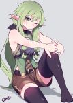  1girl ;o absurdres armpits bare_shoulders blush bow elf goblin_slayer! green_eyes green_hair hair_bow high_elf_archer_(goblin_slayer!) highres interlocked_fingers low_ponytail one_eye_closed open_mouth pointy_ears shorts sidelocks sitting sleeveless solo tegar32 thigh-highs 